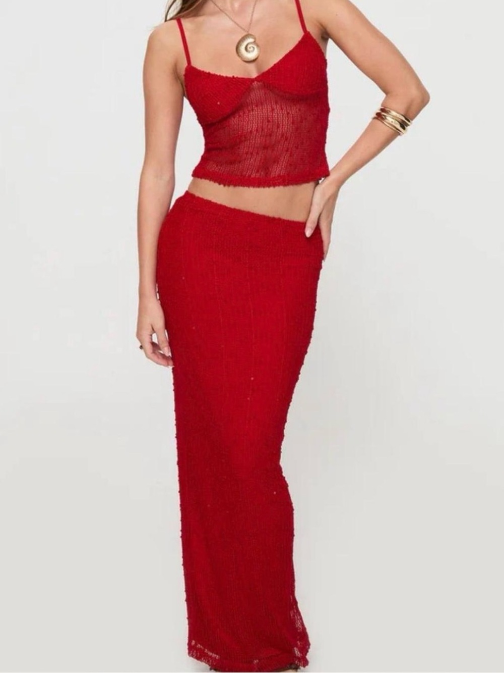 Princess Polly Red Crochet Top and Maxi Skirt Set